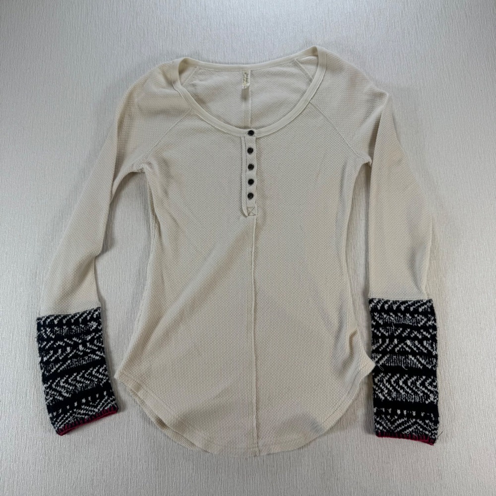 Free People Alpine Cuffs Waffle Knit Henley Top Ivory Sz M Bella Elena Boho Y2K
